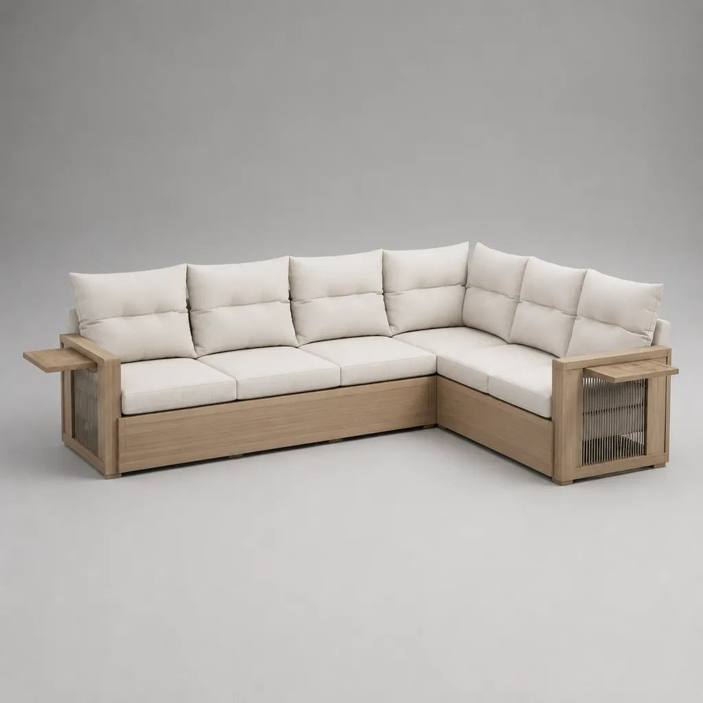 Gartensofa Ecksofa 2-teilig aus massivem Akazienholz mit Polyesterpolstern, L-förmig, Natur/Beige/Grau, 250 x 200 x 78 cm