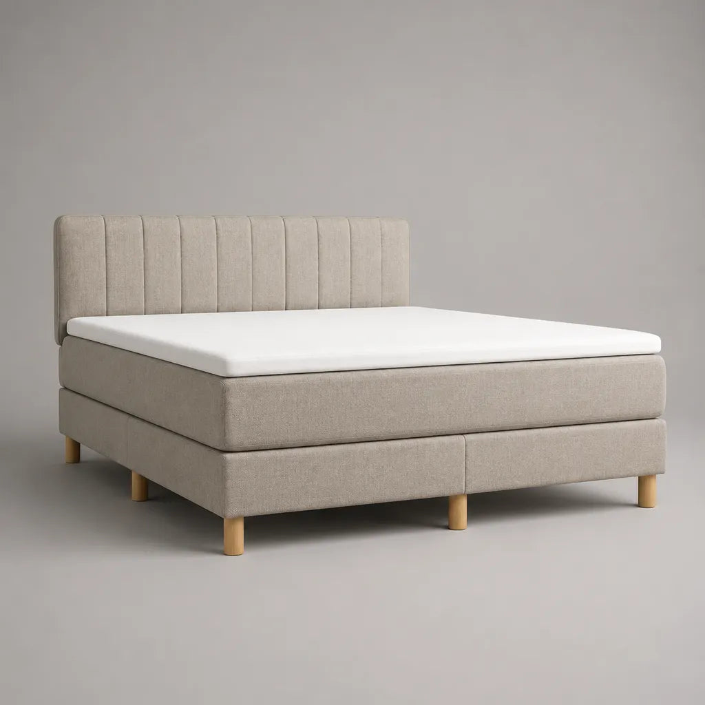 Boxspringbett-Set aus Stoff mit Taschenfederkernmatratze und Topper, Beige und Weiß, Liegefläche 180 × 200 cm