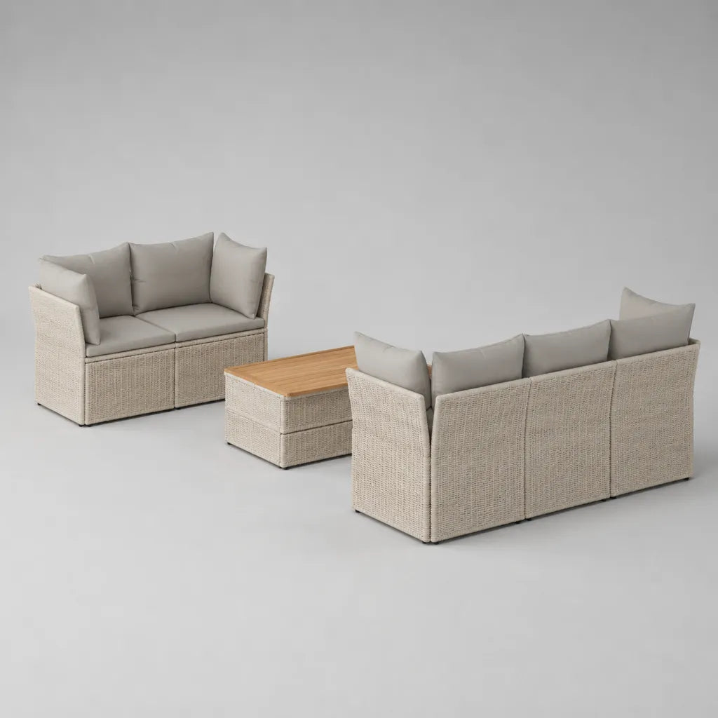 3-teiliges Gartensofa-Set aus PE-Rattan und Akazienholz mit 2-Sitzer, 3-Sitzer und Tisch, Beige/Grau/Natur, bis 198 x 75 x 72 cm