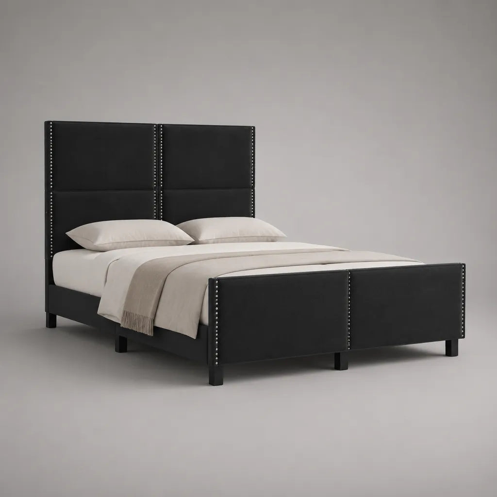 Polsterbett Doppelbett aus PU-Kunstleder, Schwarz, Liegefläche 160 x 200 cm, Gesamtmaß 218 x 171 x 140 cm, mit hohem Kopf- und Fußteil