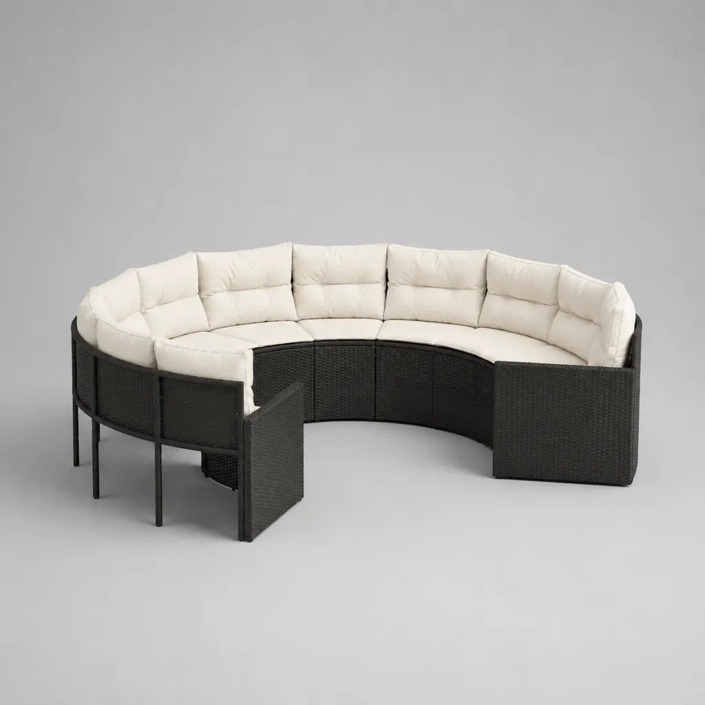 6-teiliges halbrundes Gartensofa-Set aus PE-Rattan mit Stahlgestell, Schwarz/Creme, 320 × 165 × 80 cm