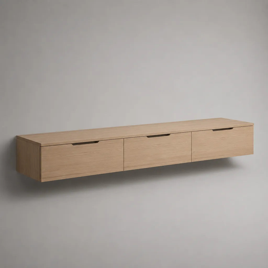 Wandhängendes TV-Lowboard aus MDF mit Eichenfurnier, 3 Schubladen, Eiche hell, 180 × 40 × 35 cm