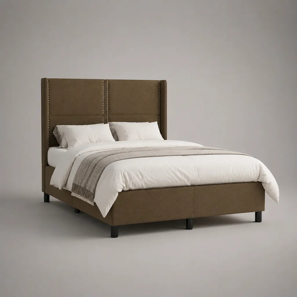 Polsterbett Doppelbett mit Polyesterbezug und hohem Kopfteil, Braun, 180 × 200 cm