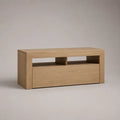 TV-Lowboard mit Schublade und 2 offenen Fächern aus MDF und Spanplatte mit Eichenfurnier, Eiche Natur, 120 × 40 × 60 cm