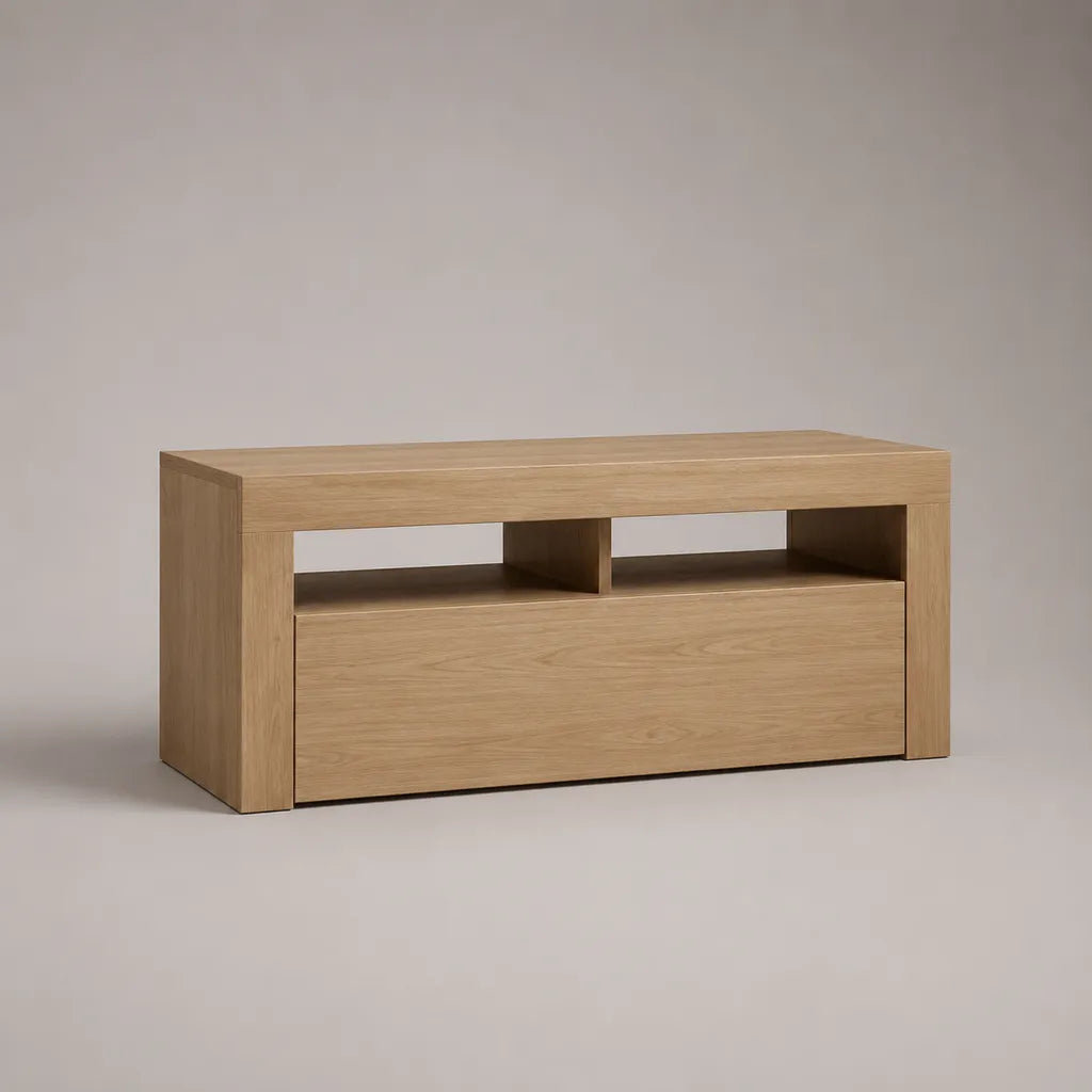 TV-Lowboard mit Schublade und 2 offenen Fächern aus MDF und Spanplatte mit Eichenfurnier, Eiche Natur, 120 × 40 × 60 cm