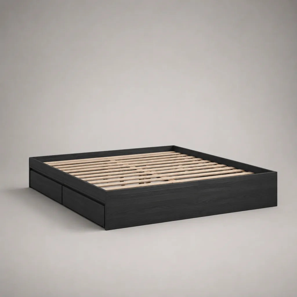 Stauraumbett aus Holz mit Lattenrost und 2 Schubladen, Schwarz/Natur, Liegefläche 160 × 200 cm