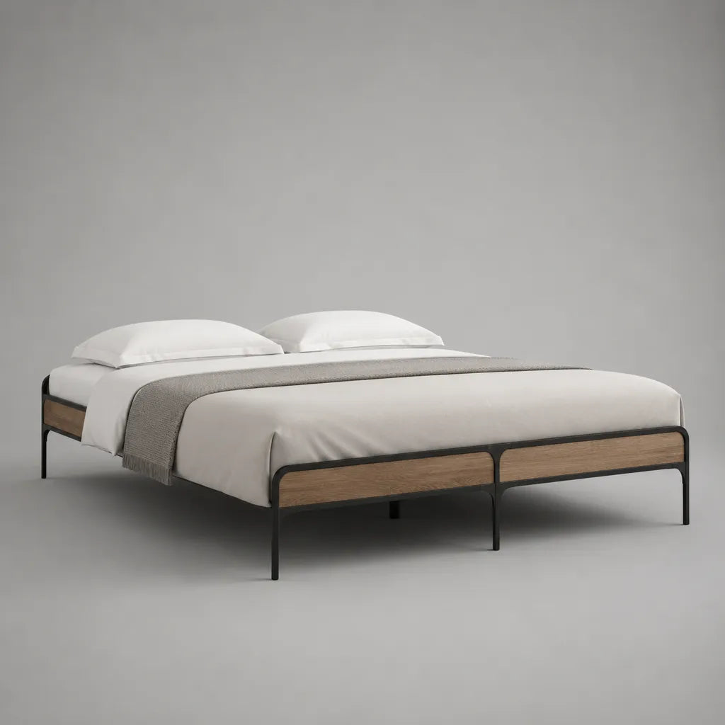 Doppelbett Metallbettgestell mit Stahl-Lattenrost und MDF-Paneelen, Schwarz/Natur, 160 × 200 cm