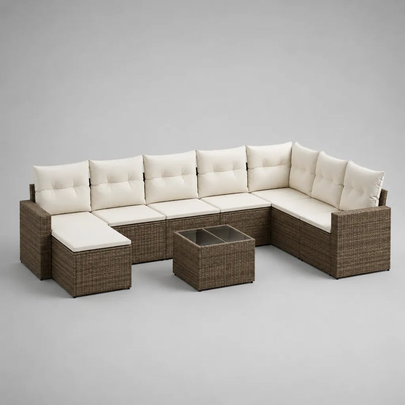 8-teiliges Gartensofa-Set aus PE-Rattan mit Polsterauflagen und Glastisch, U-Form, Braun/Creme, 330 × 205 × 74 cm