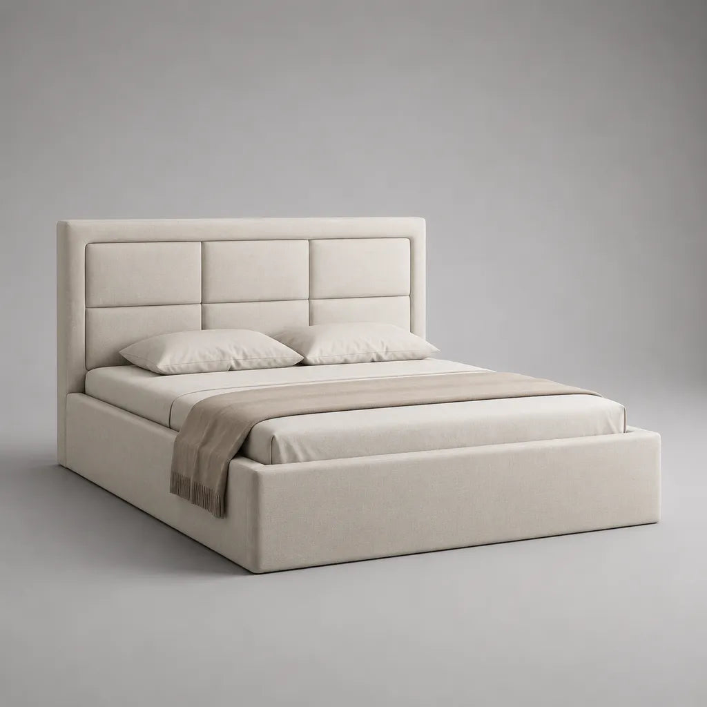 Rechteckiges Polsterbett mit hohem Kopfteil und Polyesterbezug, Creme, Liegefläche 160 × 200 cm, Gesamtmaß 220 × 176 × 130 cm