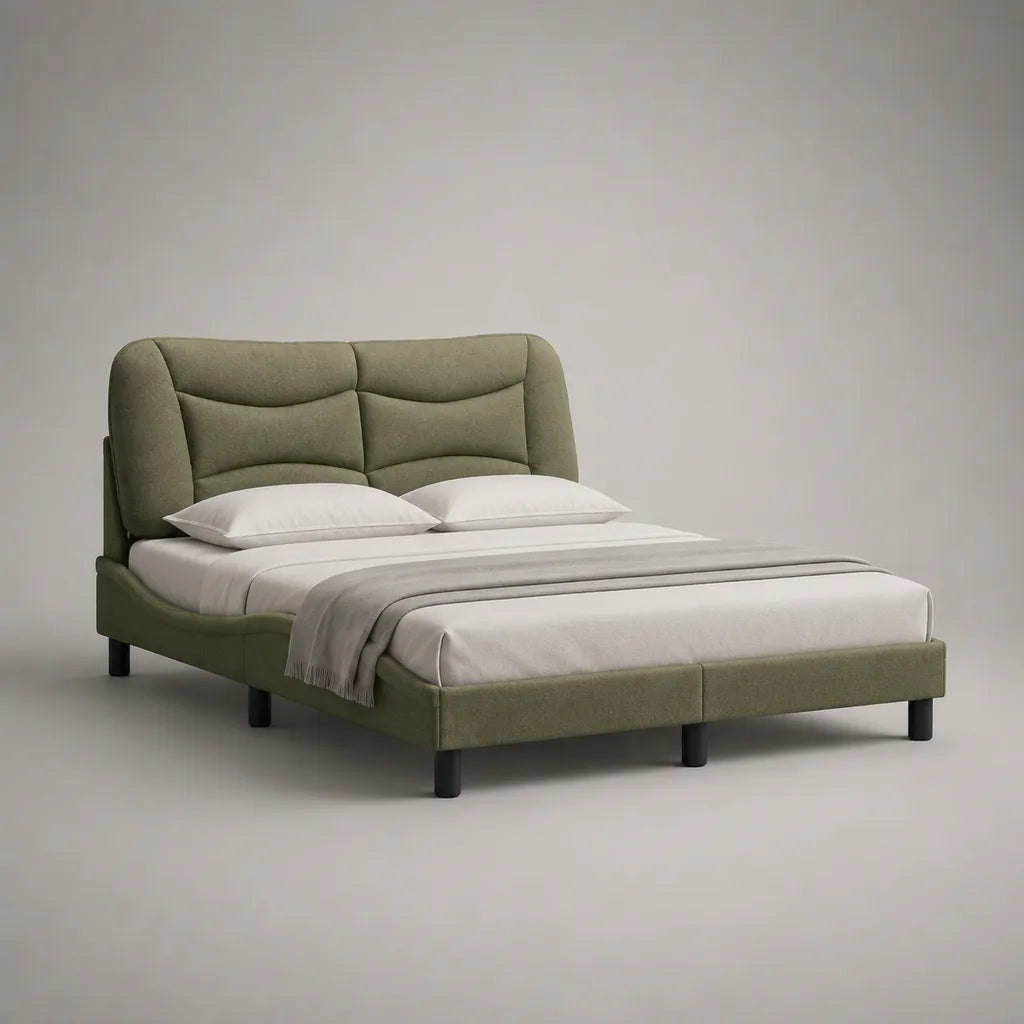 Polsterbett Doppelbett 160 × 200 cm mit gepolstertem Kopfteil und Polyesterbezug, Olivgrün und Schwarz