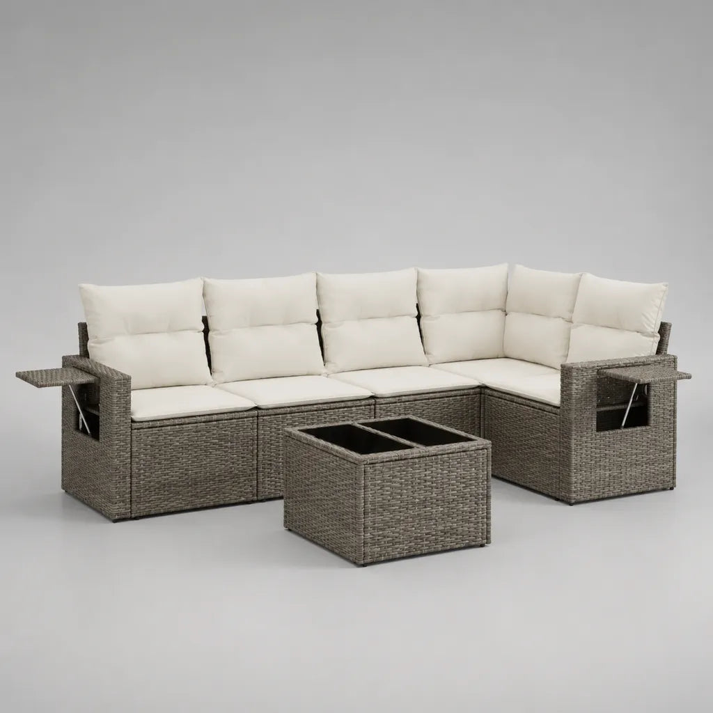 Gartensofa-Set mit Tisch, 5-Sitzer in L-Form aus PE-Polyrattan, Grau/Cremeweiß, 237 × 180 × 74 cm