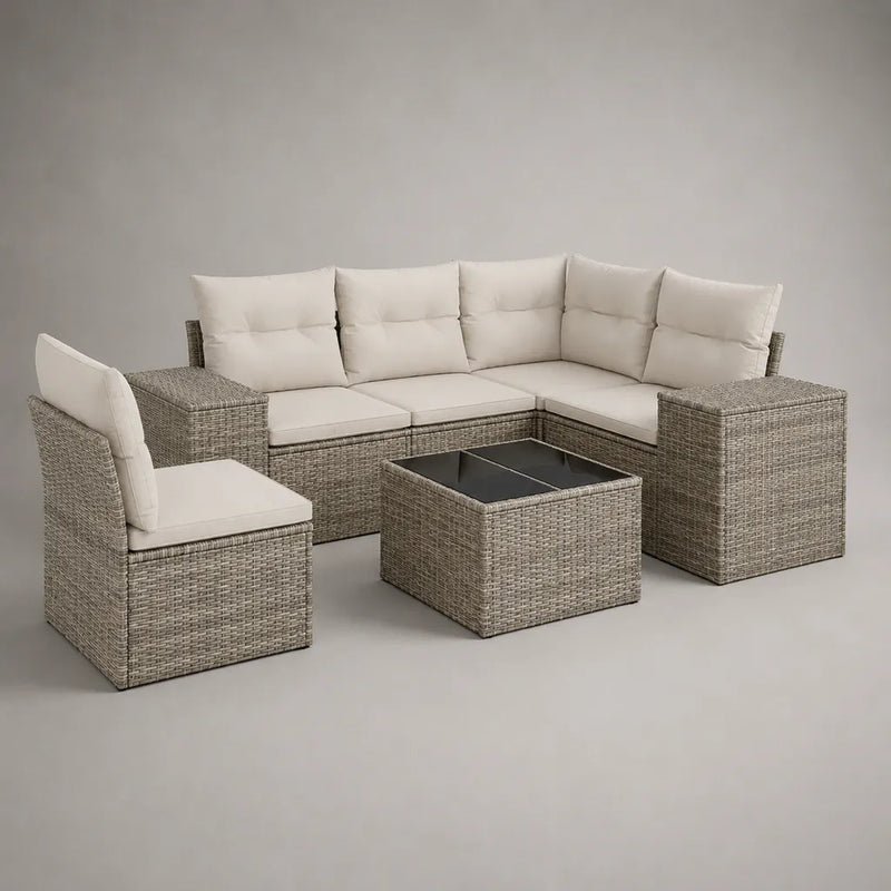 L-förmiges Gartensofa-Set aus PE-Rattan und Stahl mit Sessel und Tisch, Beige/Creme, 230 × 170 × 80 cm