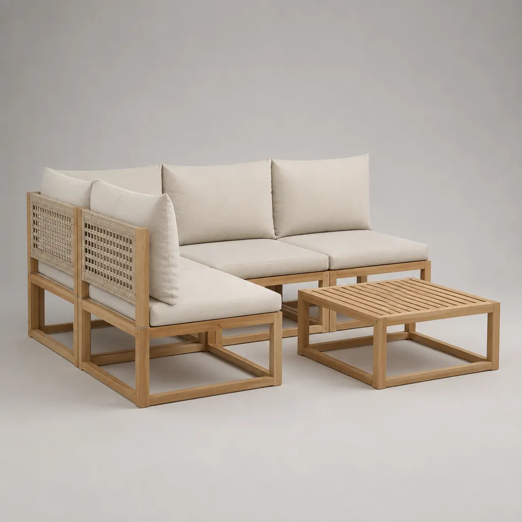 4-teiliges Gartensofa-Set aus Akazien-Massivholz mit Polyesterseil und cremeweißen Polstern, L-Form, 216 × 148 × 72 cm