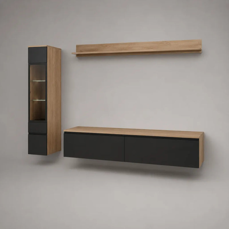 TV-Wandset 3-teilig aus Spanplatte mit Lowboard, Hängevitrine und Wandregal, Eichefarben/Schwarz, 180 × 40 × 35 cm, 40 × 35 × 140 cm, 160 × 20 × 20 cm