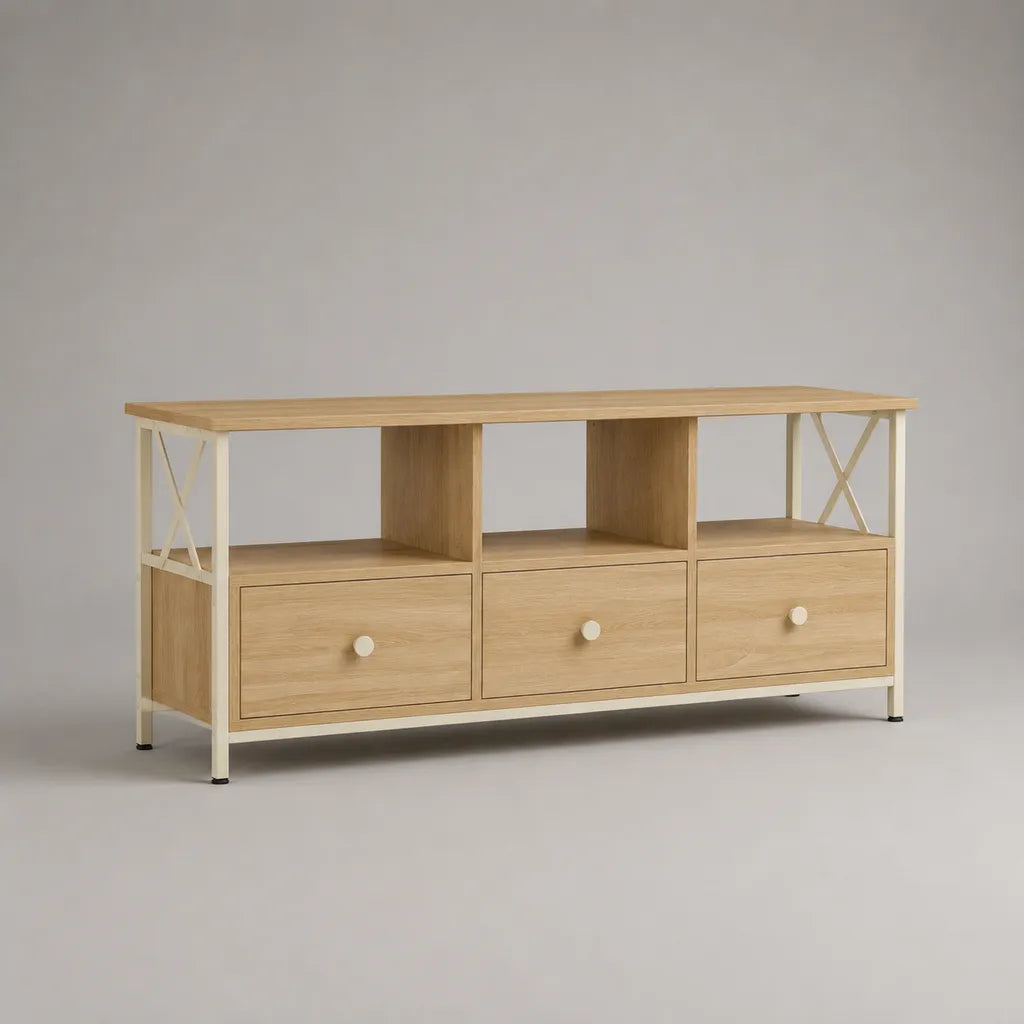 TV-Schrank Eiche Natur/Cremeweiß 140 × 40 × 70 cm aus Spanplatte und Stahl mit 3 Schubladen und 3 offenen Fächern