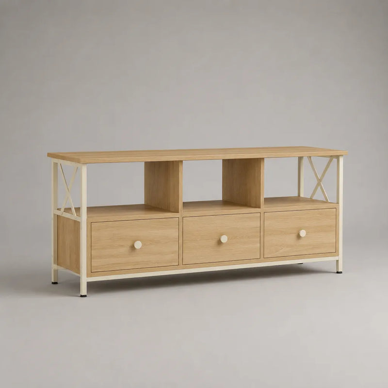 TV-Schrank Eiche Natur/Cremeweiß 140 × 40 × 70 cm aus Spanplatte und Stahl mit 3 Schubladen und 3 offenen Fächern