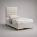 Polsterbett 90 × 200 cm mit hohem Kopfteil, Polyesterbezug und Spanplattenrahmen, Creme