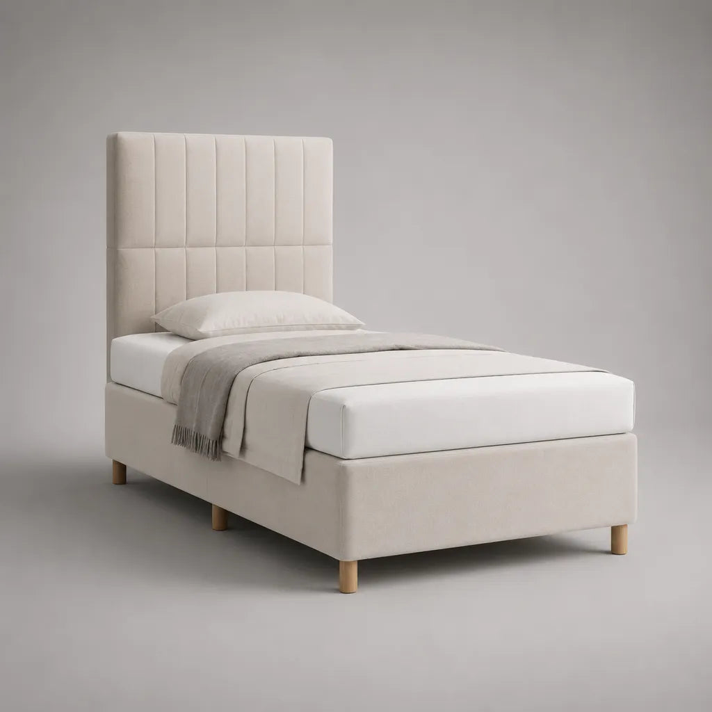 Polsterbett 90 × 200 cm mit hohem Kopfteil, Polyesterbezug und Spanplattenrahmen, Creme