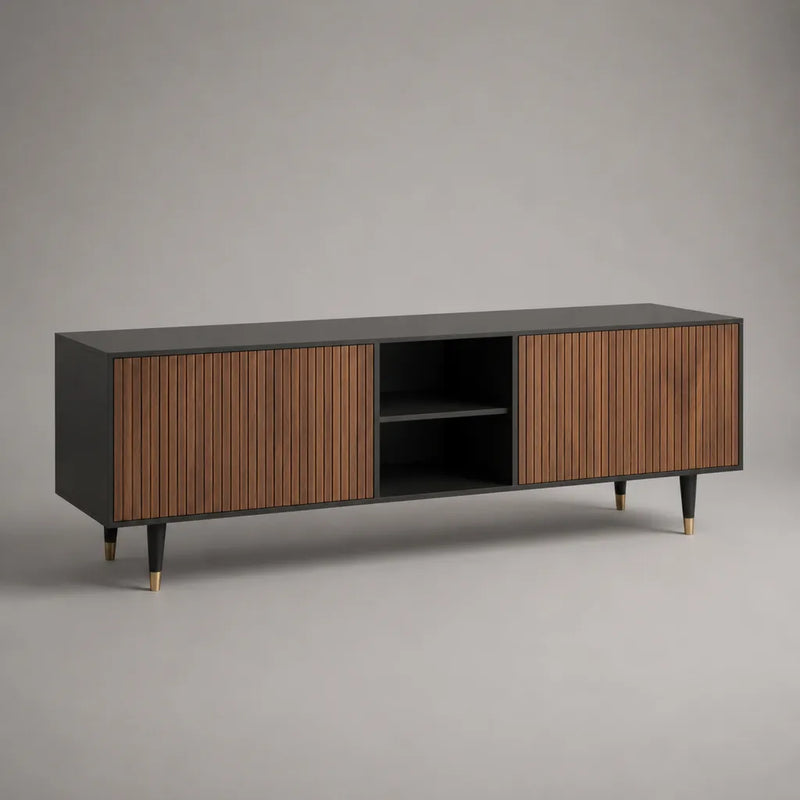 Rechteckiges TV-Lowboard aus MDF mit 4 Türen, 2 offenen Fächern und geriffelten Fronten, Schwarz/Walnussbraun, 180 × 40 × 65 cm