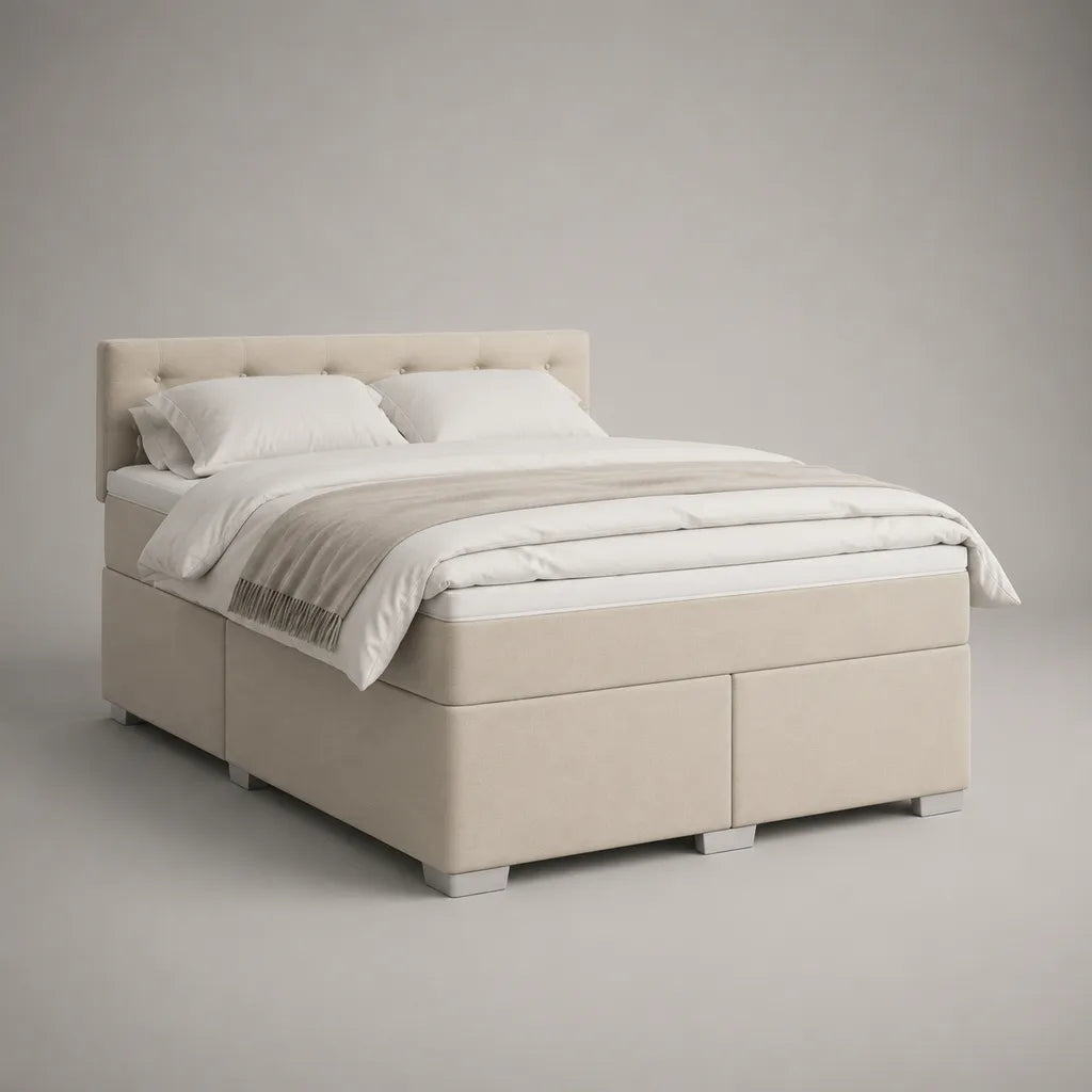 Boxspringbett-Komplettset mit Taschenfederkernmatratze, Kaltschaumtopper und Polyesterbezug, Cremeweiß, 190 x 210 x 110 cm, Liegefläche 180 x 200 cm