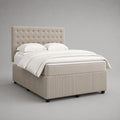 Boxspringbett mit Matratze, Topper und gepolstertem Kopfteil, Liegefläche 180 × 200 cm, Gesamtmaß 190 × 215 × 130 cm, Polyester-Cordbezug, Beige