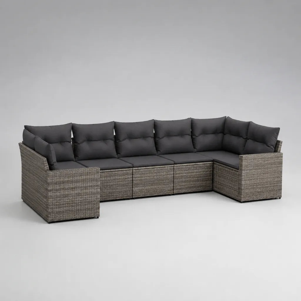 6-teiliges U-förmiges Gartensofa-Set aus PE-Rattan mit Stahlrahmen und Polyesterkissen, Grau/Anthrazit, 294 × 148 × 72 cm
