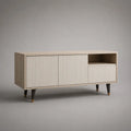 TV-Lowboard aus MDF und Spanplatte mit 2 Türen, Schublade und offenem Fach, Hellbeige und Cremeweiß, 150 × 40 × 75 cm