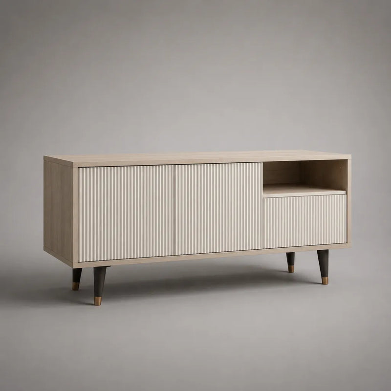 TV-Lowboard aus MDF und Spanplatte mit 2 Türen, Schublade und offenem Fach, Hellbeige und Cremeweiß, 150 × 40 × 75 cm