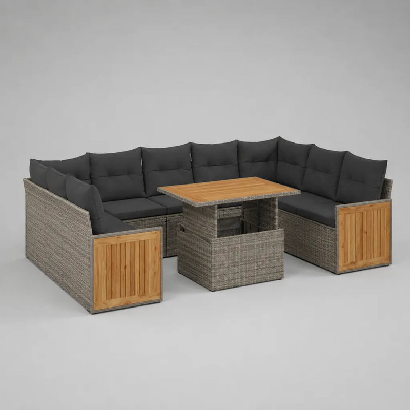 5-teiliges Garten-Lounge-Set in U-Form aus PE-Rattan und Akazienmassivholz mit anthrazitfarbenen Polstern, 250 × 190 × 82 cm