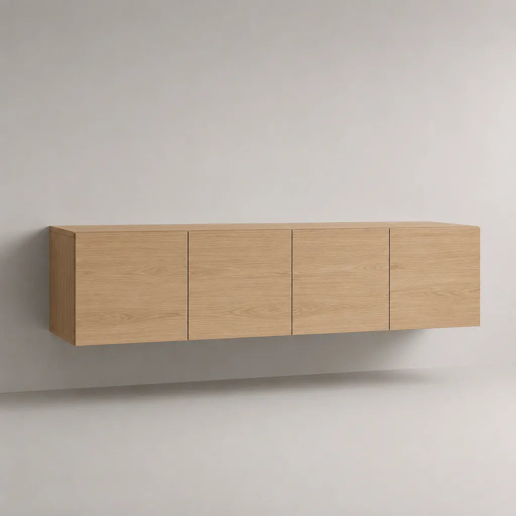 Wandhängendes TV-Lowboard mit 4 Türen, MDF mit Eichenfurnier, Eiche Natur, 200 × 40 × 40 cm