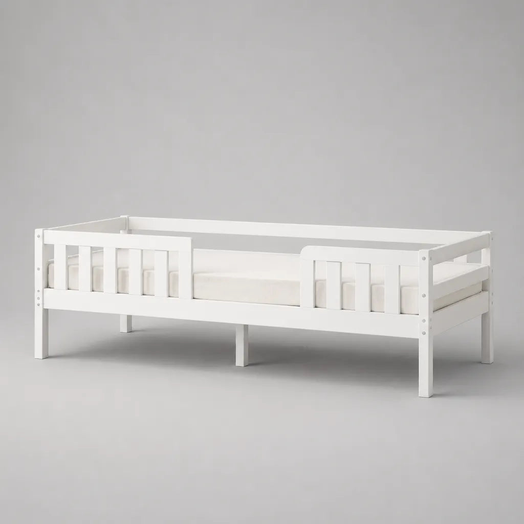 Kinderbett aus massivem Kiefernholz mit Rausfallschutz, 90 × 200 cm, Weiß