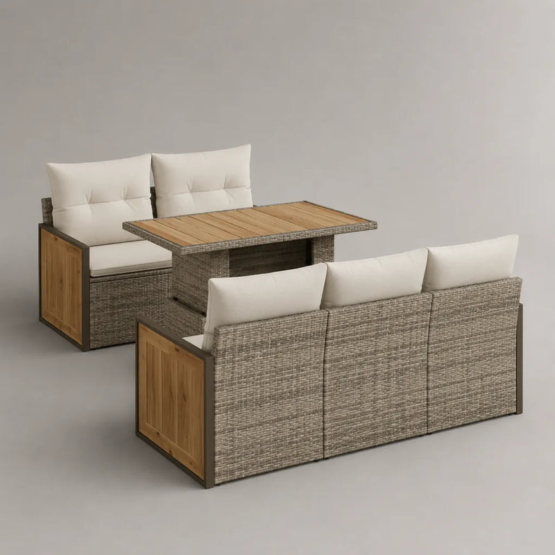 3-teiliges Gartensofa-Set aus PE-Rattan und Akazienholz, Grau/Naturweiß/Naturbraun, 3-Sitzer 185 × 70 × 80 cm, 2-Sitzer 130 × 70 × 80 cm, Tisch 140 × 75 × 68 cm