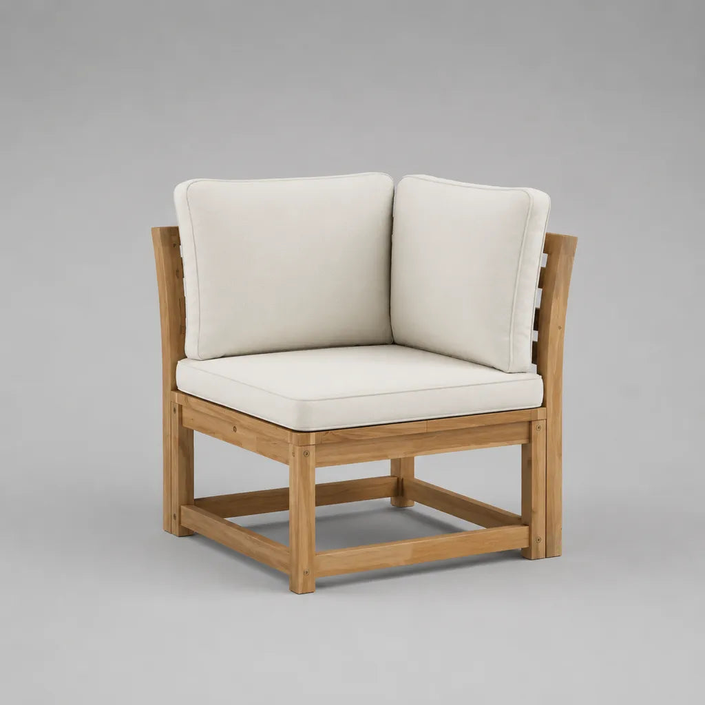 Gartensofa-Eckmodul, 1-Sitzer aus Akazienmassivholz mit Polyesterkissen, Naturbraun/Cremeweiß, 76 × 76 × 76 cm