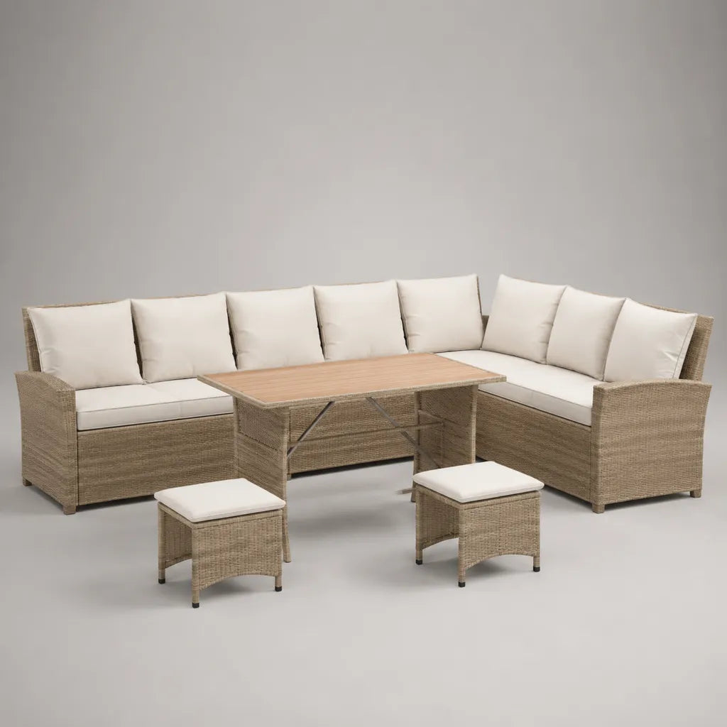 5-teiliges Garten-Loungeset aus PE-Rattan und Stahl, L-Form, Beige, Creme und Naturbraun, 238 × 180 × 84 cm