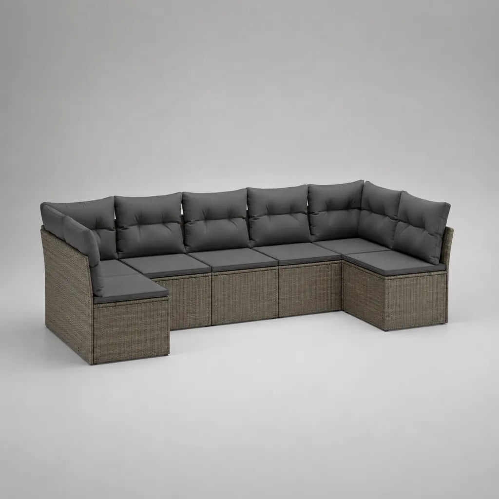 6-teiliges U-förmiges Gartensofa aus PE-Rattan mit Polyesterpolstern, Grau und Taupe, 260 × 180 × 75 cm