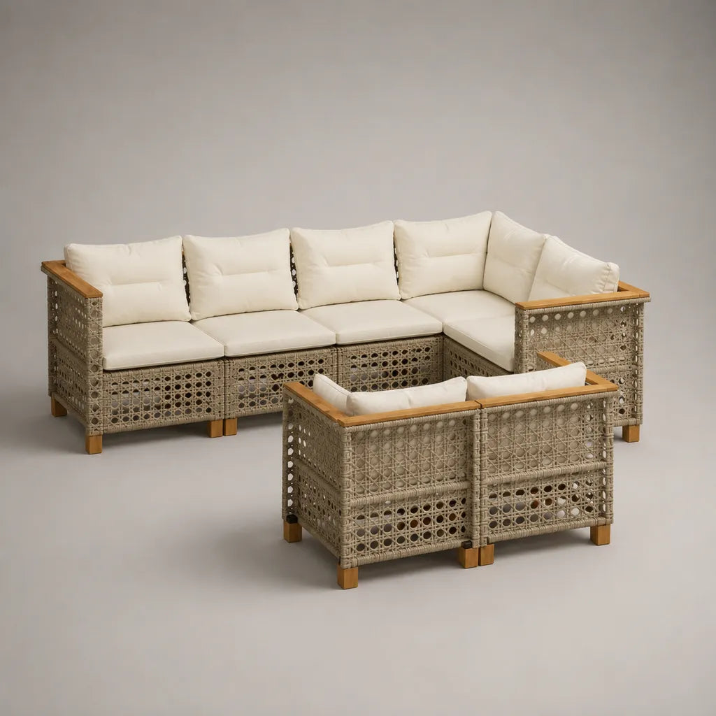 Garten-Loungeset für 7 Personen aus PE-Rattan, Stahl und Akazien-Massivholz, L-förmige Eckgruppe 255 × 190 × 78 cm mit Zweisitzer 135 × 76 × 78 cm, Greige/Cremeweiß/Honigbraun