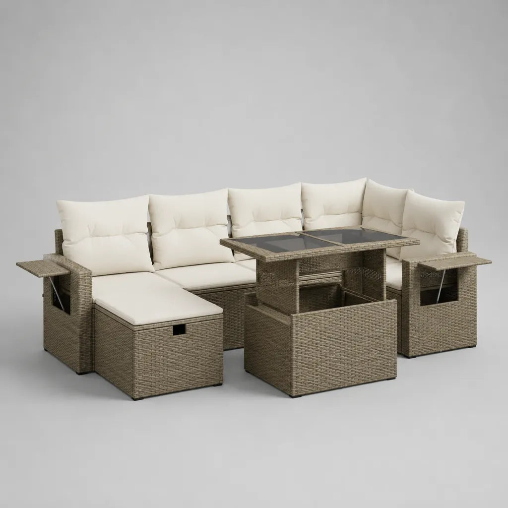 6-teiliges Gartensofa-Set aus PE-Rattan mit L-förmigem Ecksofa, höhenverstellbarem Tisch und 2 Hockern, Taupe/Creme, 236 × 178 × 74 cm