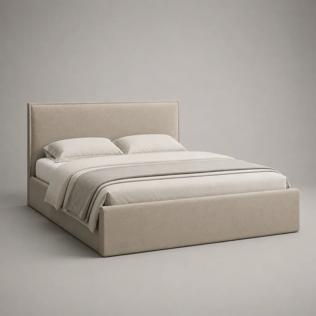 Polsterbett-Doppelbett mit Lattenrost und Stoffbezug, Beige, Liegefläche 160 × 200 cm, Gesamtmaß 220 × 176 × 110 cm