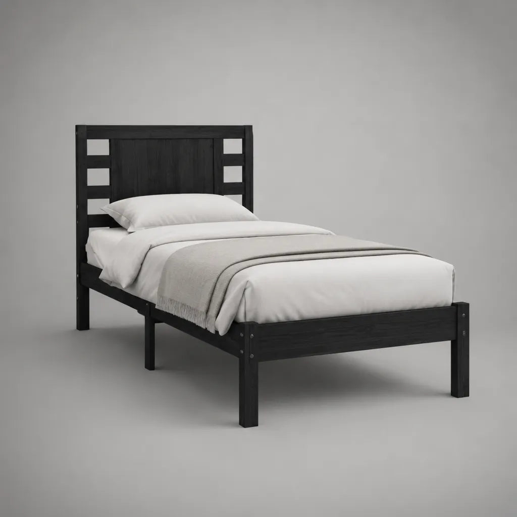 Einzelbettgestell aus massivem Kiefernholz mit Kopfteil, Schwarz, 98 x 208 x 100 cm, Liegefläche 90 x 200 cm