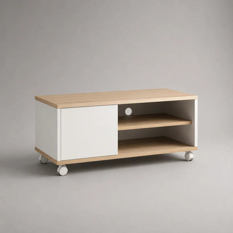 TV-Lowboard auf Rollen aus melaminharzbeschichteter Spanplatte, Eiche hell/Weiß, 100 × 40 × 50 cm