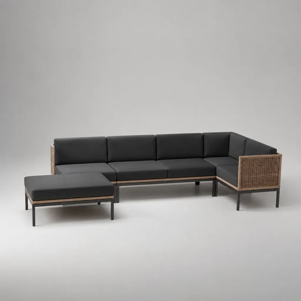 L-förmiges Gartensofa-Set aus PE-Rattan und pulverbeschichtetem Stahl mit Hocker, Anthrazit/Natur, 280 × 205 × 76 cm