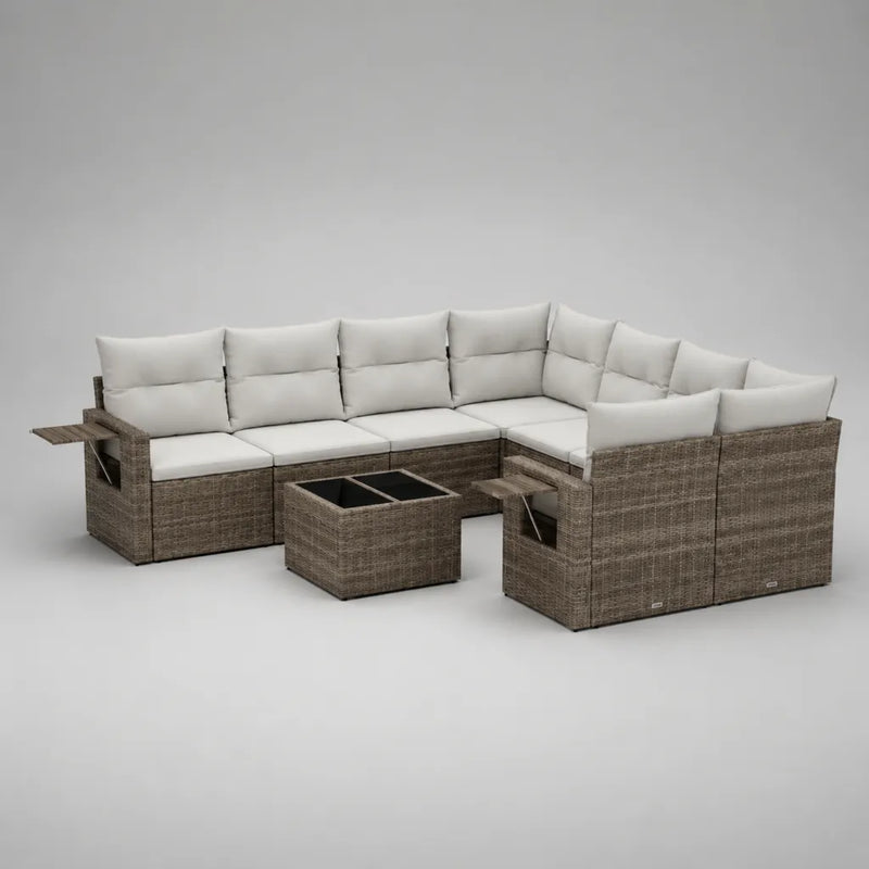 8-teiliges Gartensofa-Set in U-Form aus PE-Rattan mit Polstern und Tisch, Braun und Cremeweiß, 310 × 220 × 75 cm